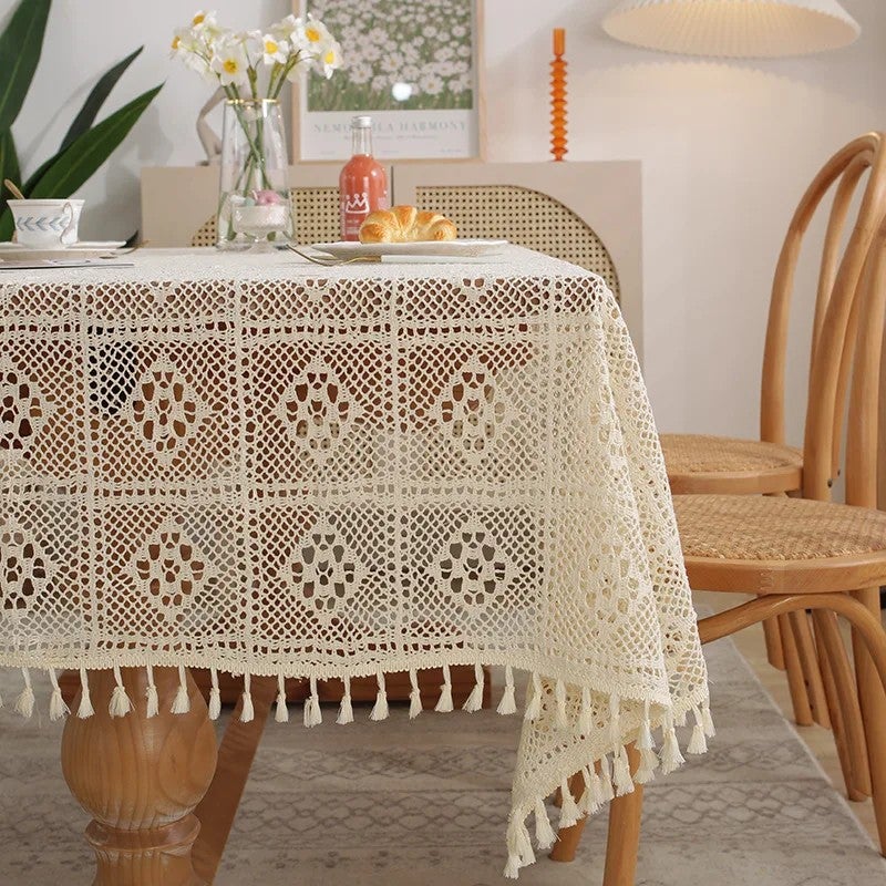Bluejw American Pastoral Style Handmade Beige white Cotton Crochet Lace Tassel Hollowed Out Tablecloth home decoration table cover pad - Image 3